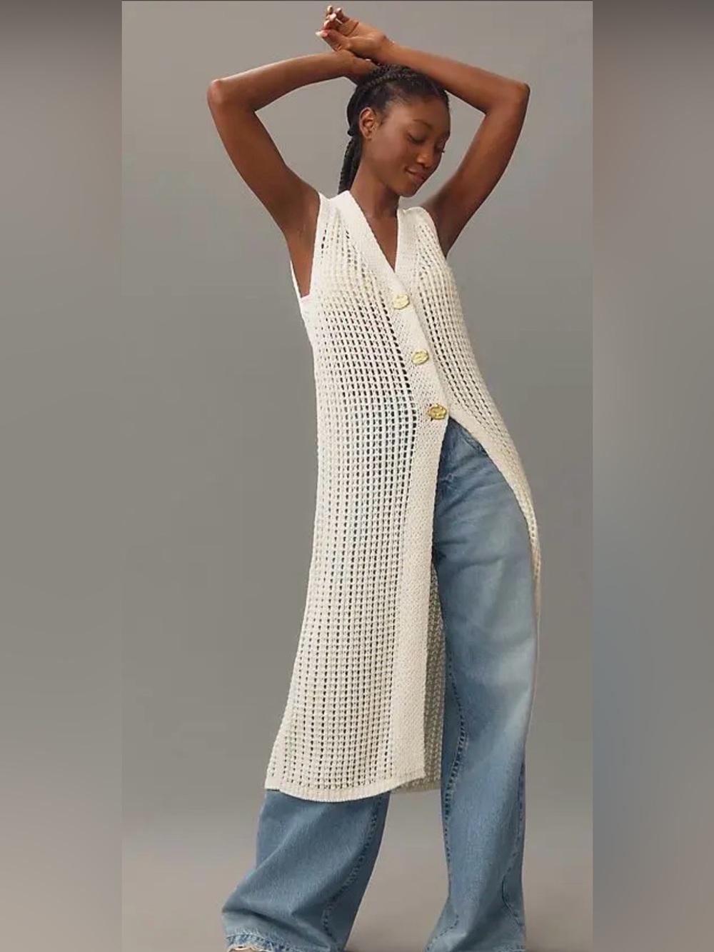 Anthropologie  Flat White Open-Knit Long Cardigan Sweater Vest Ivory One Size